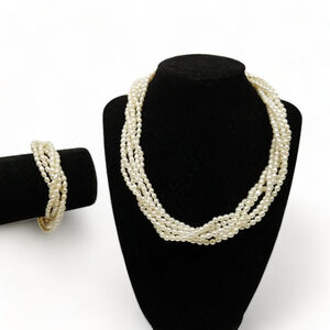 6 Strand Multistrand Seed Pearl Demi Parure Necklace & Bracelet Gold Tone Clasp